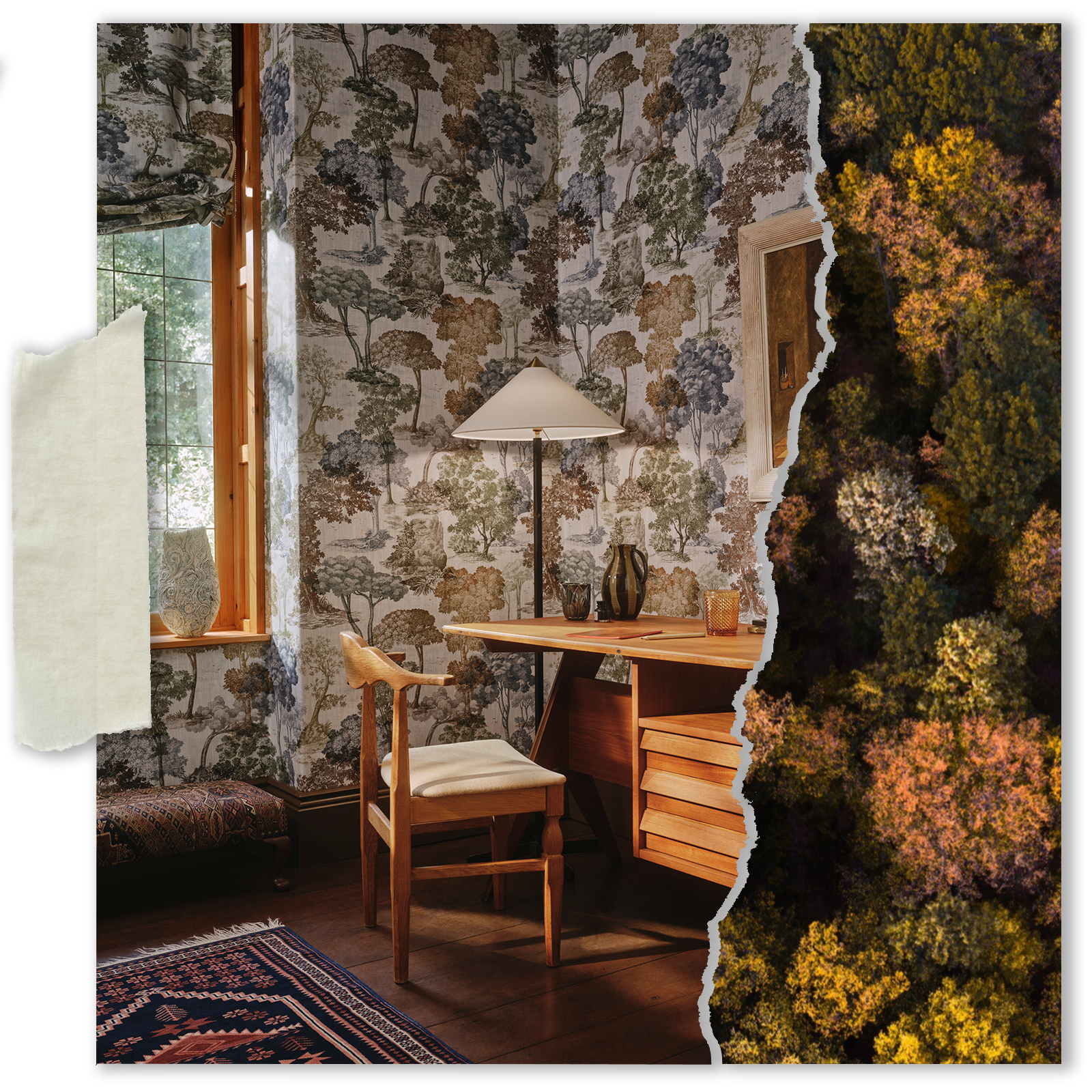 a room with a desk and a lamp