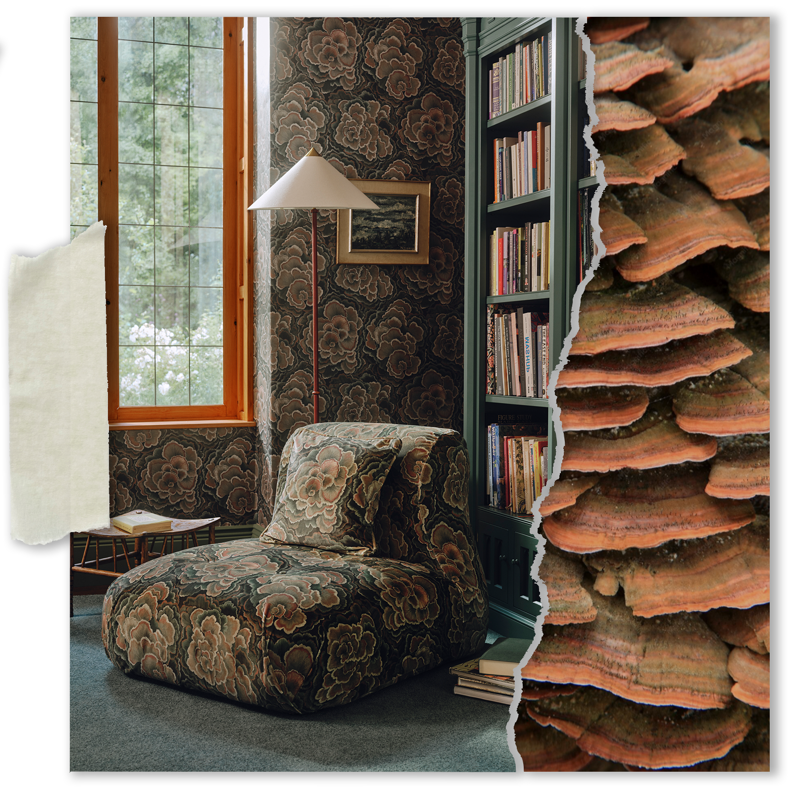 a chair in a room with a bookcase and a window