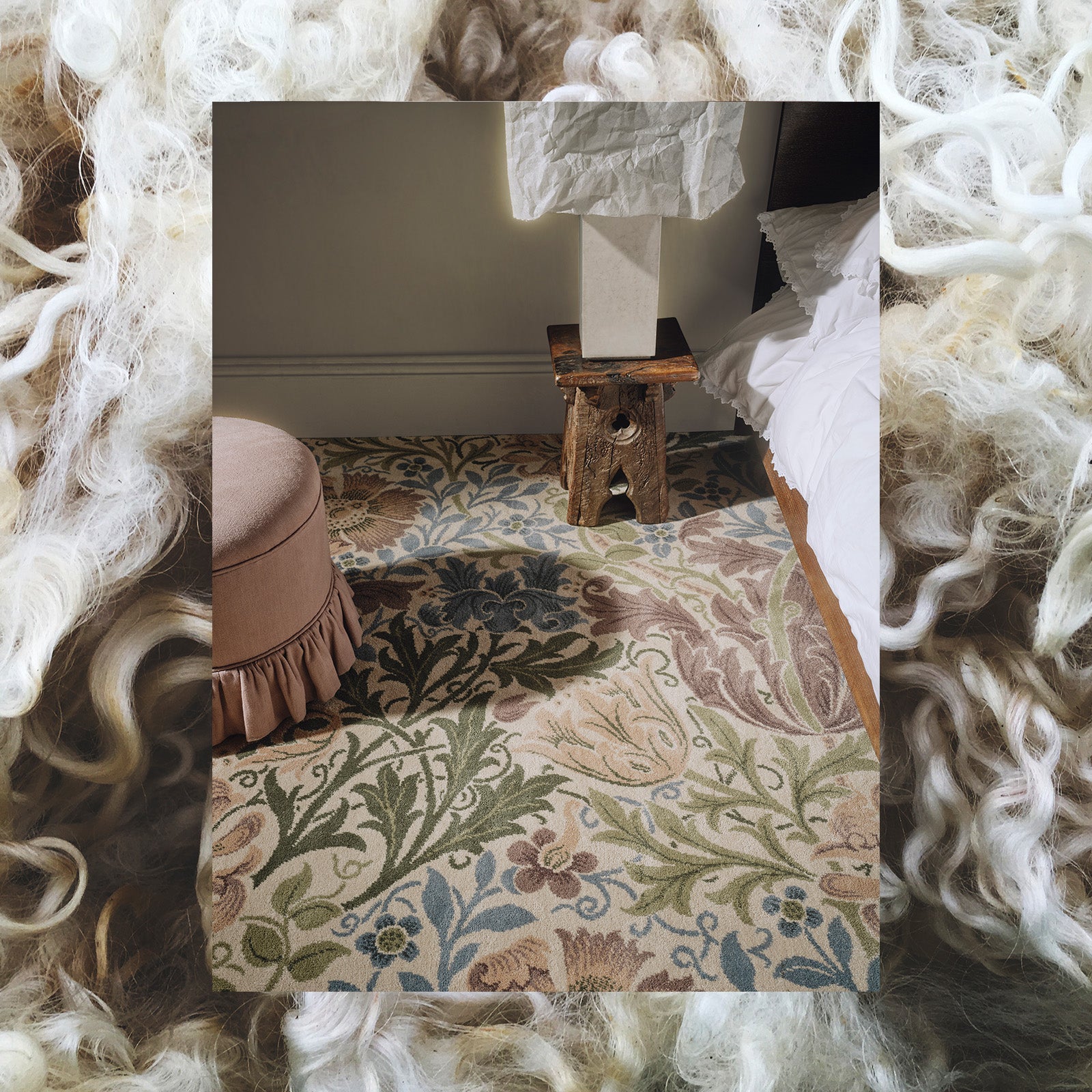 a carpet and a stool in a room