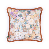 HOLLYHOCKS Cotton Linen Medium Fringed Cushion - Prairie