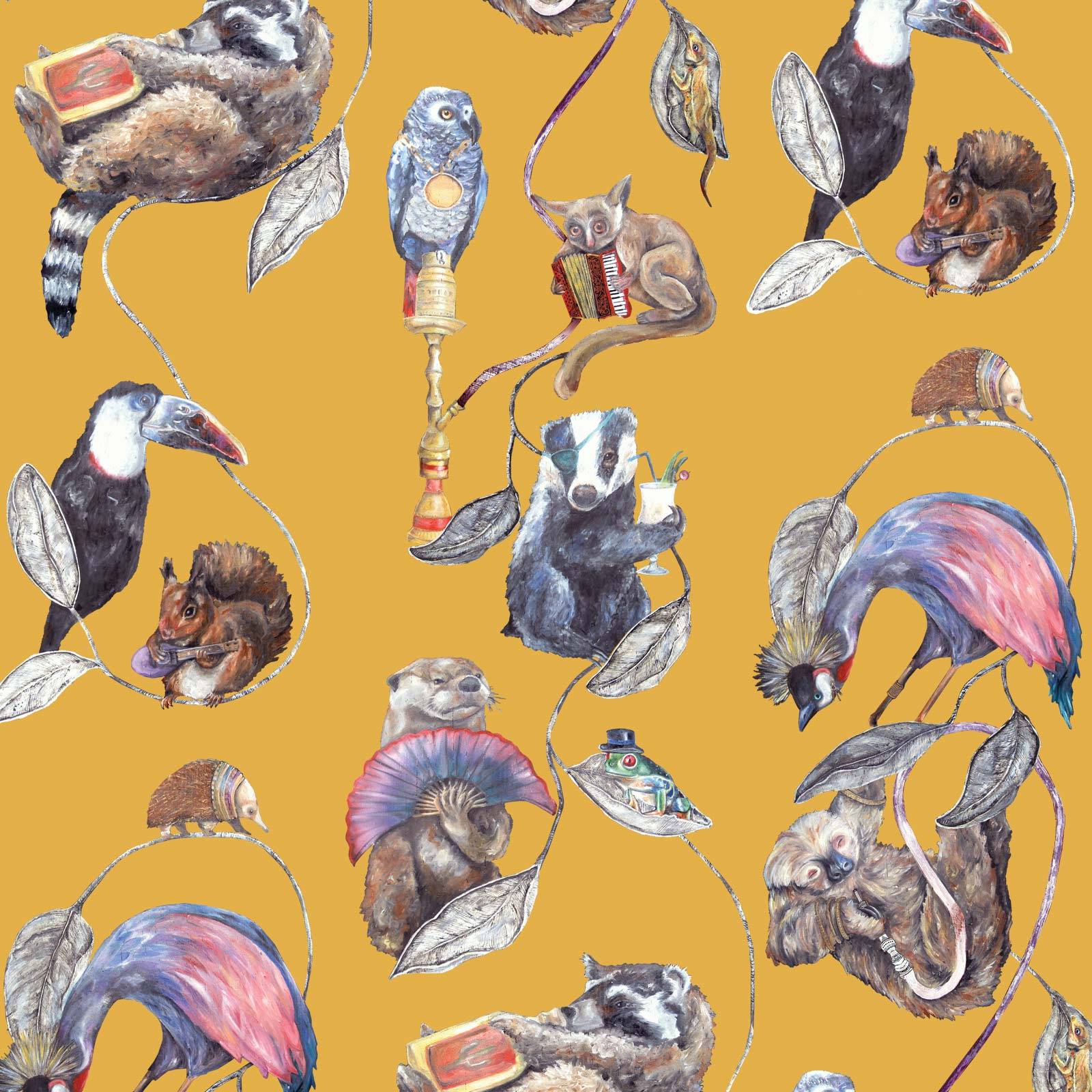 a pattern of animals and leaves