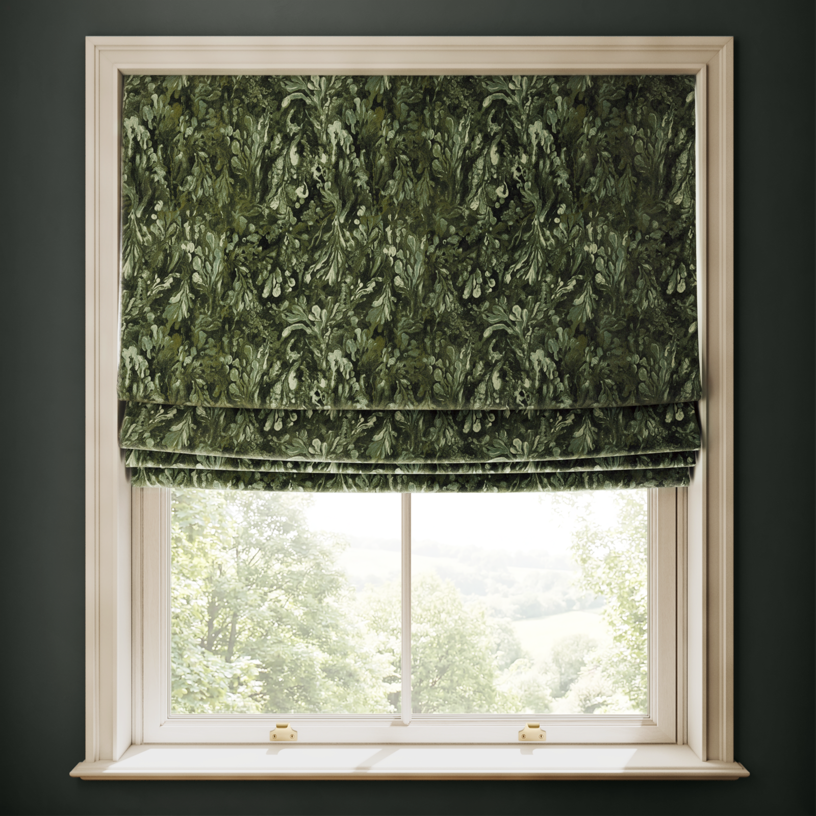a window with a green curtain