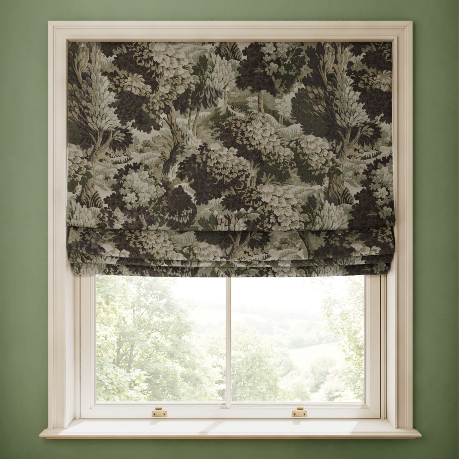 a window with a green wall and a floral curtain