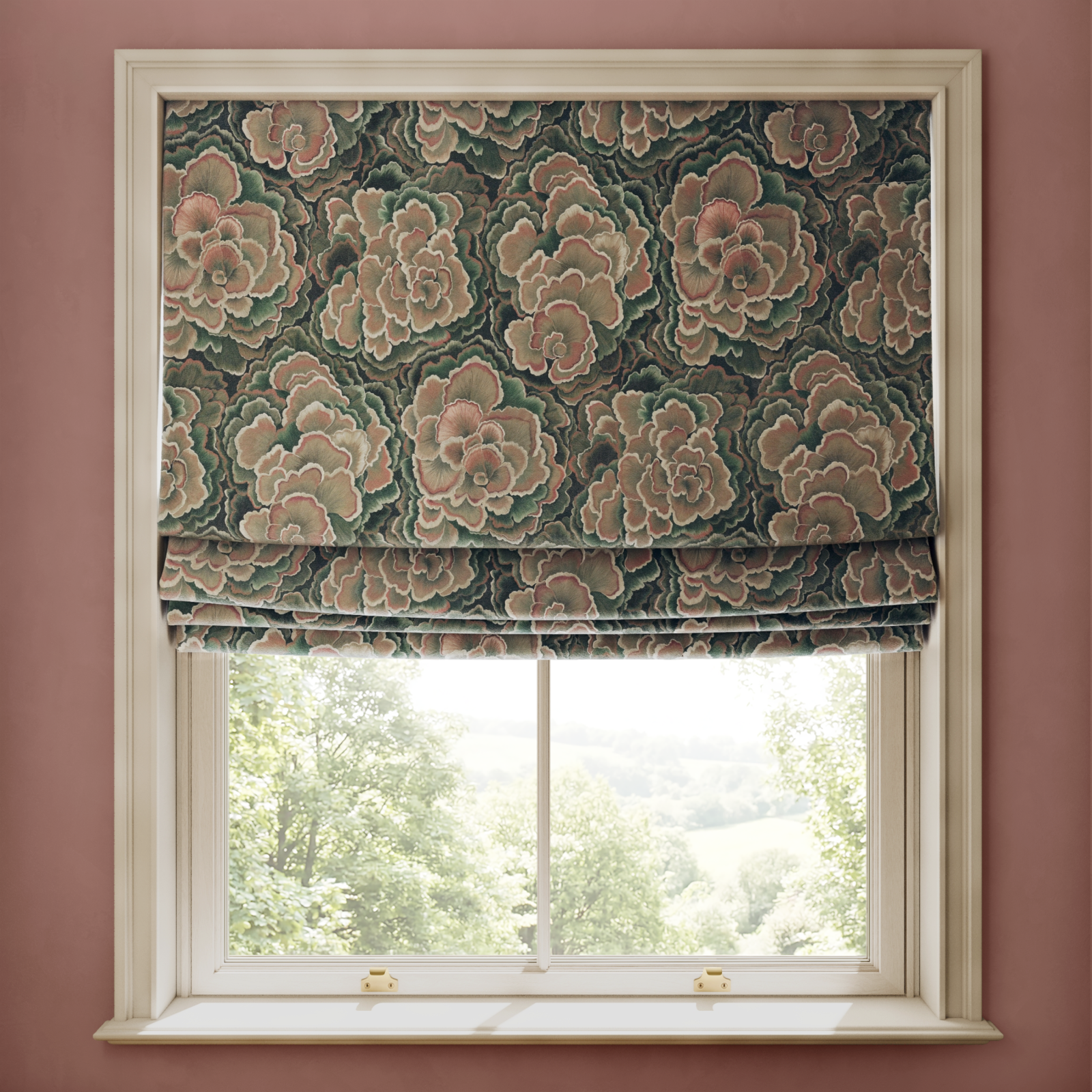 a window with a floral curtain